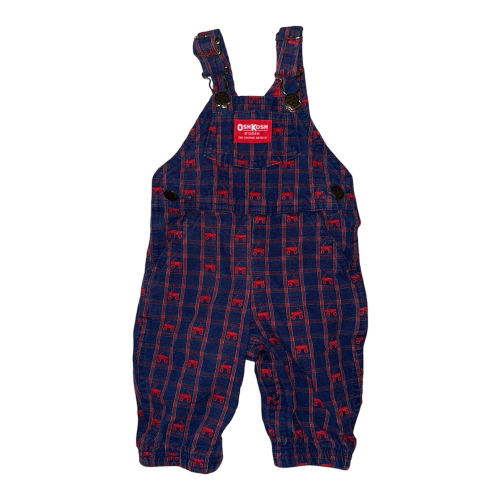 Vintage OshKosh B'gosh Navy and Red Plaid Wagon Overalls - Size 3-6 Months